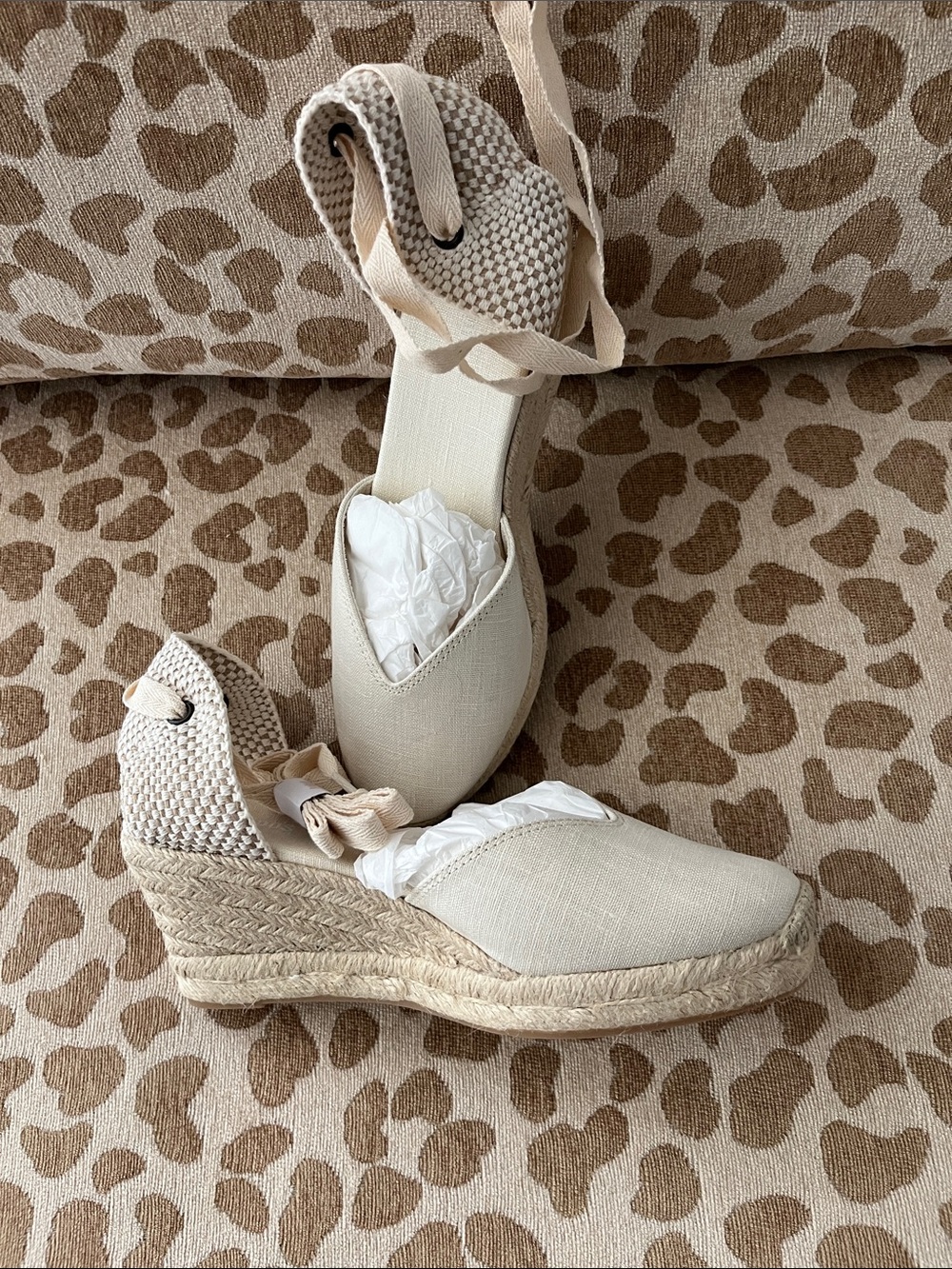 Soludos Cream Canvas Espadrille Wedge Lace-Up Sandals